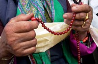 Buddhist prayes beads (mala) and blessing scarf (katak). Ladakh, north India.