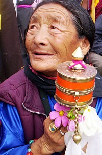 A Buddhist Ladakhi woman with prayer wheel, scarf and flowers in anticipation of meeting the Dalai Lama. Ladakh, north India.