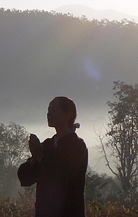 Qi Gong at dawn - static posture exercise for generating energy (Qi) flow between the palms and the middle tan tien (heart center), and development of concentration.