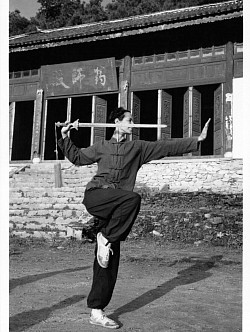 Martial arts Shaolin practice, Sword Tai Chi, Chuan Wu Wei Si temple, Yunnan, China